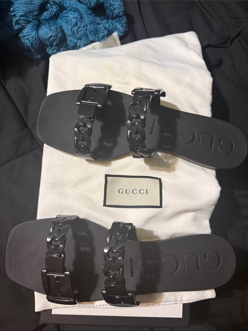Gucci Black Double Chain Buckle Slide Sandals